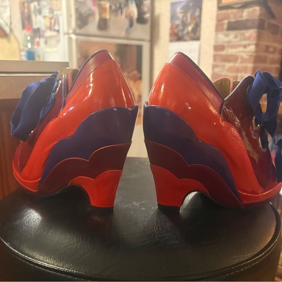 John Fluevog Shoes - John Fluevog Red and Blue Patent Scalloped Wedge Heels